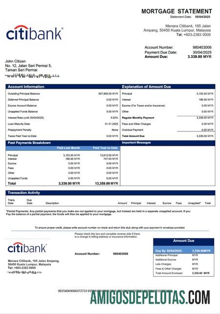 realista Malásia Citibank Malásia Declaração de hipoteca Word e modelo PDF